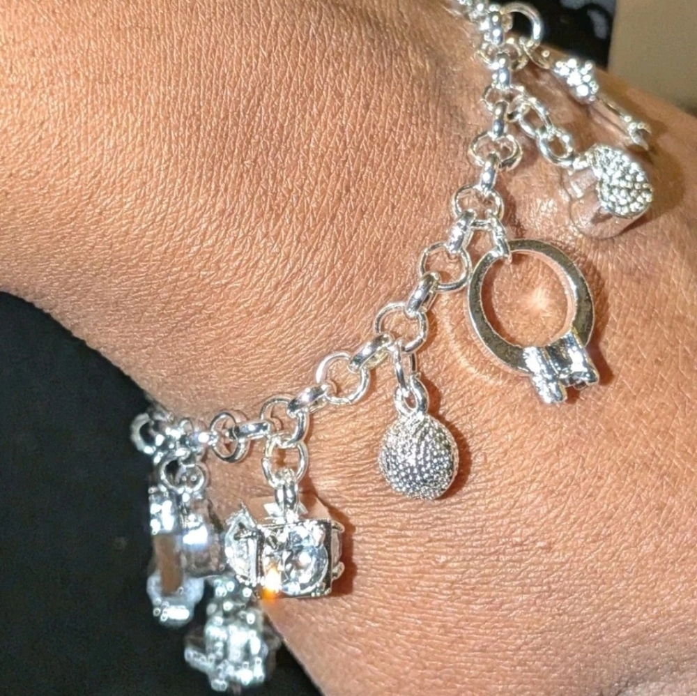 Women's High Quality 925 Sterling Silver Chain Bling Various Charms Bracelet